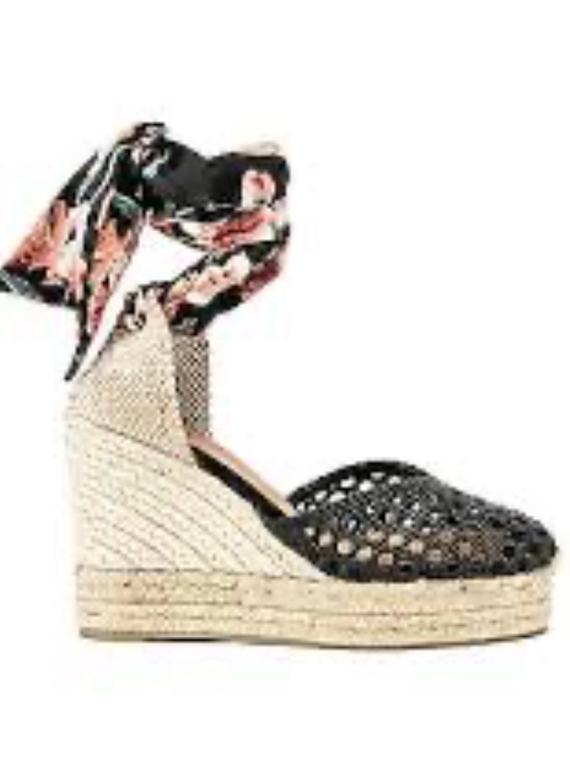 Castaer Camila Black Woven Mesh Ankle Tie Wedge Espadrilles Size 39 (Us 8)